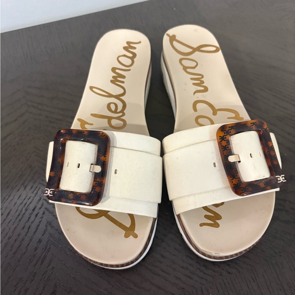 Sam Edelman Cream and Brown T-Strap Sandals